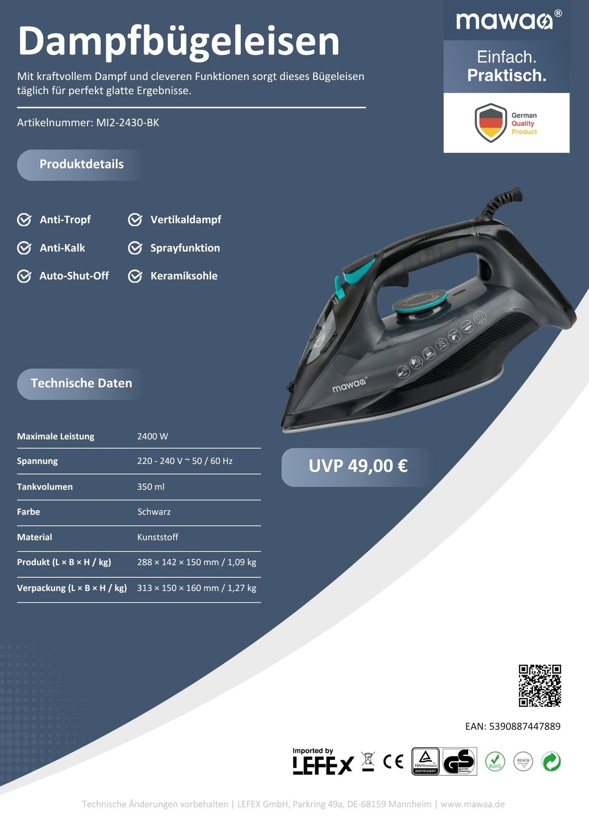 mawaa® Dampfbügeleisen MI2-2430-BK - 350ml Tank, 2400 Watt, Keramiksohle, Anti-Kalk
