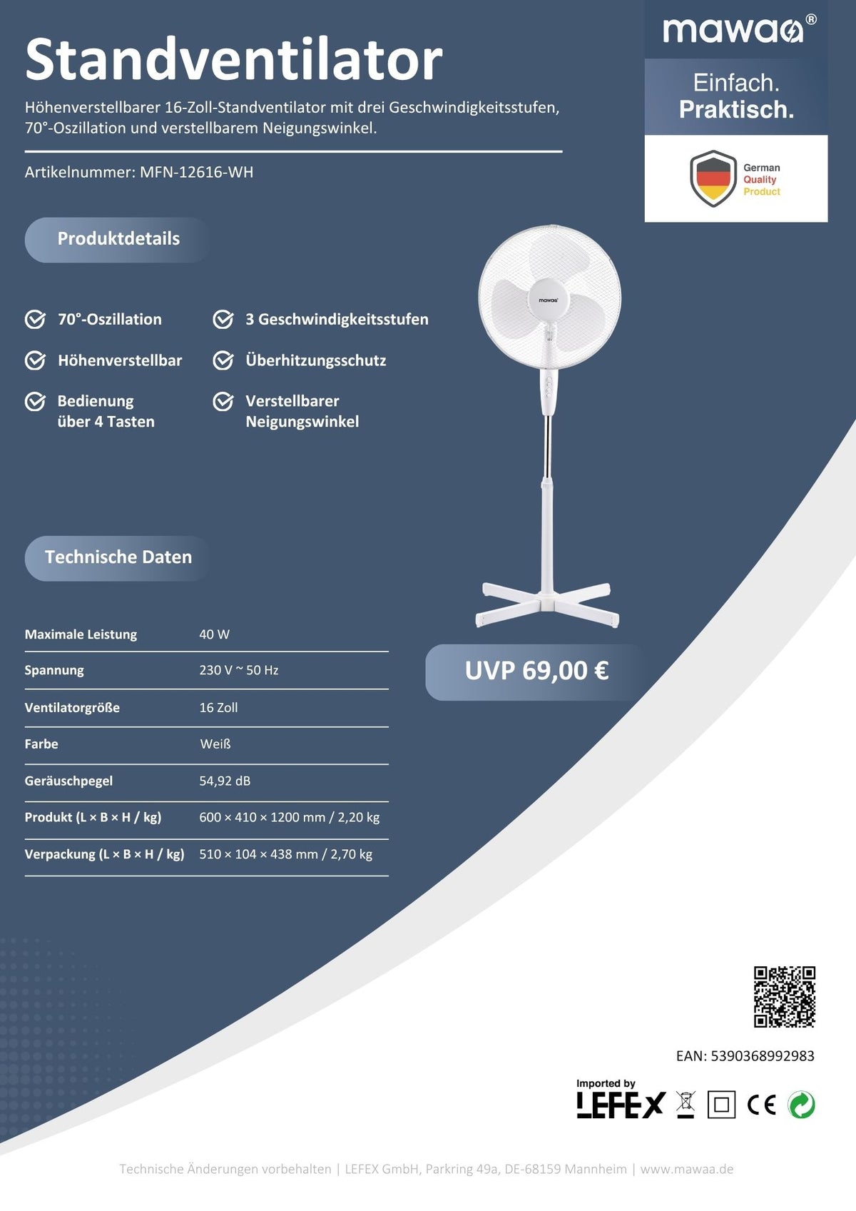 mawaa® Standventilator MFN-12616-WH