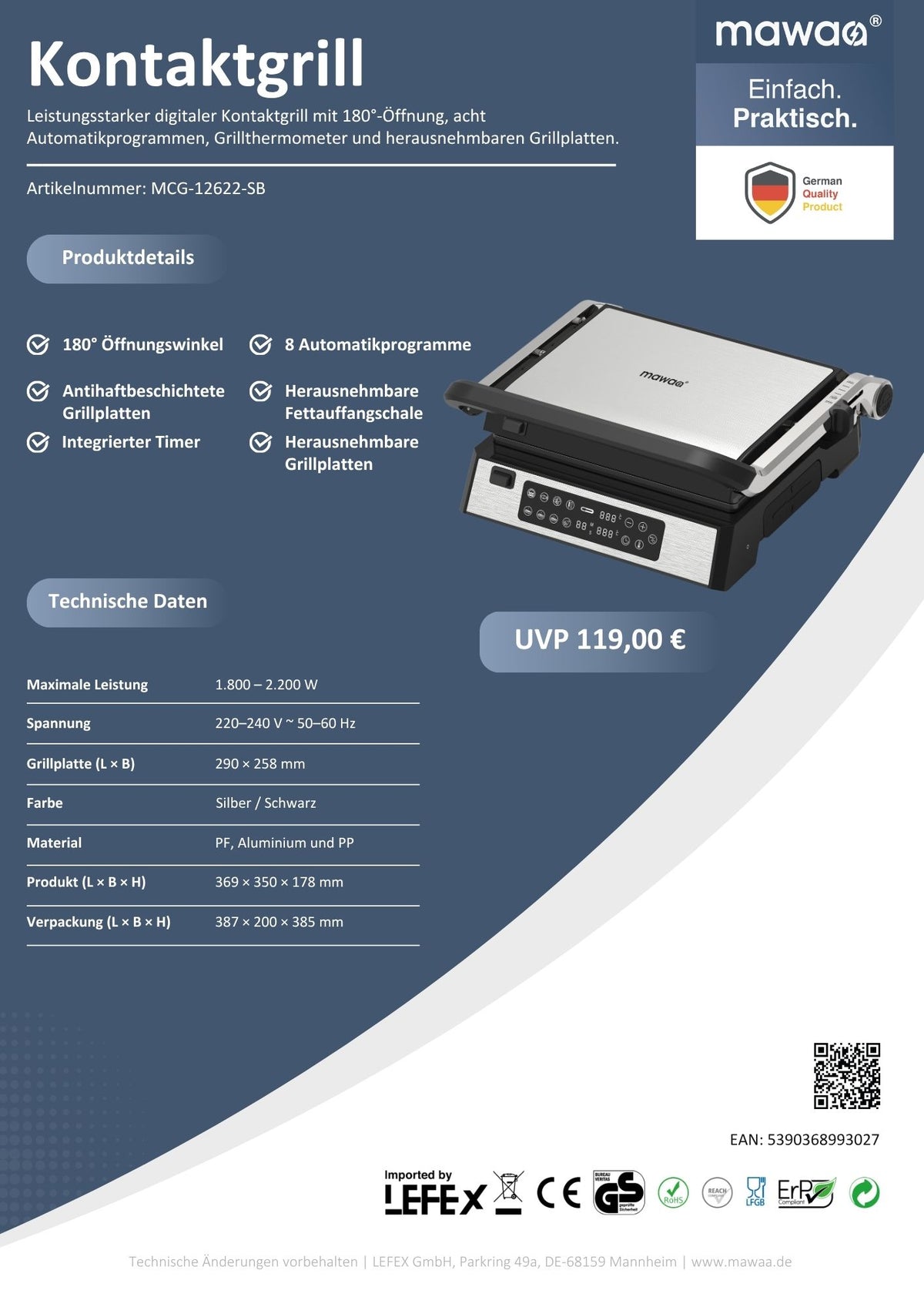 mawaa® Kontaktgrill MCG-12622-SB