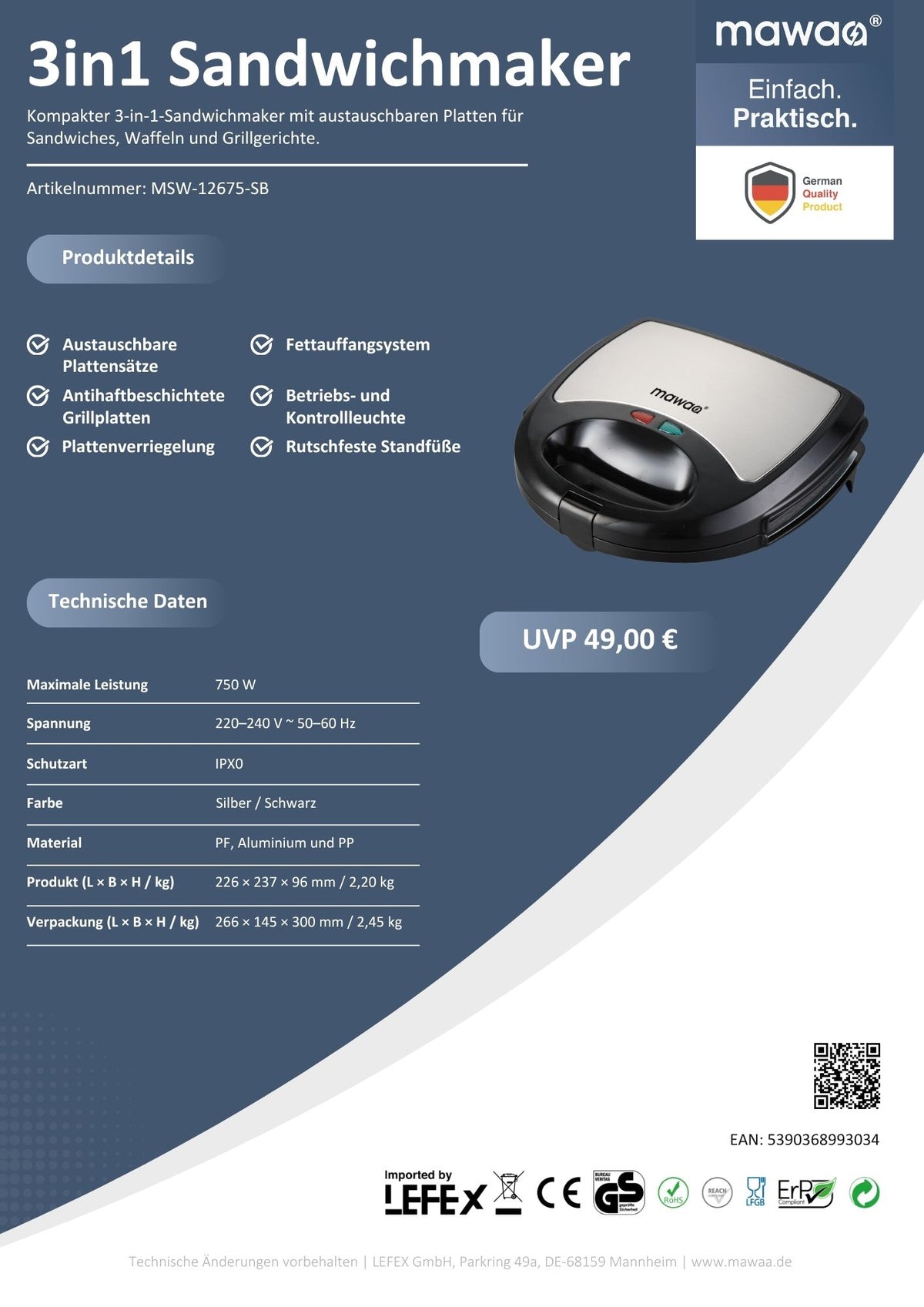 mawaa® Sandwichmaker MSW-12675-SB