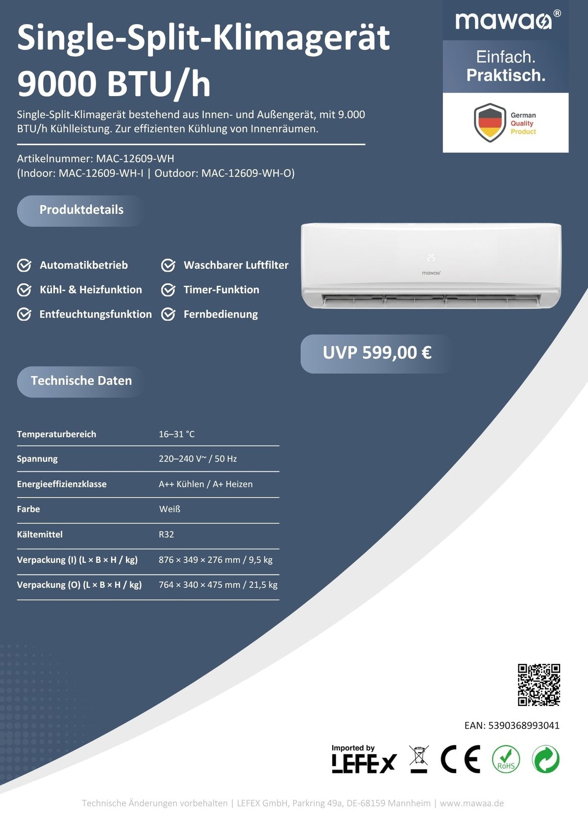 mawaa® Klimaanlage MAC-12609-WH