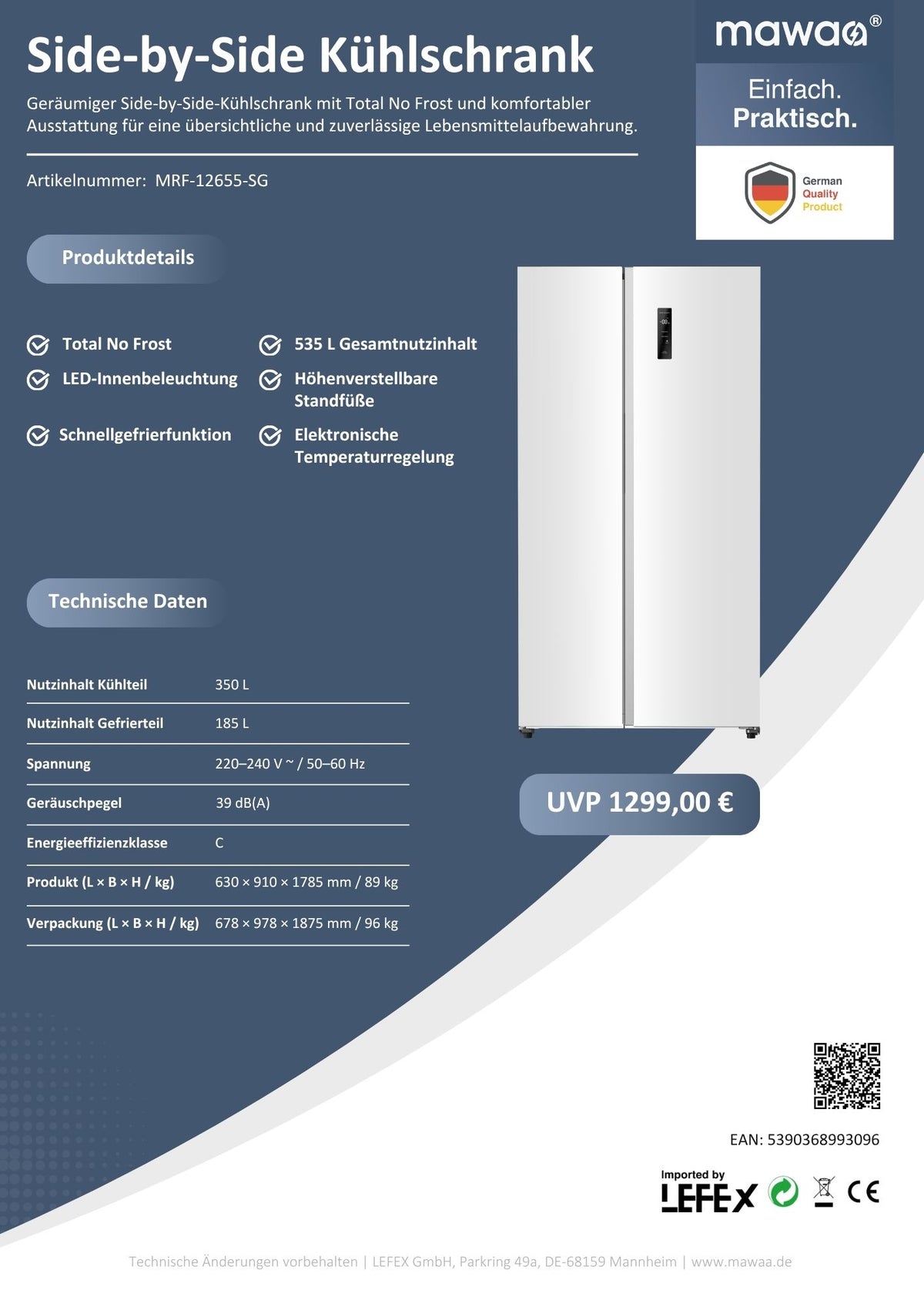 mawaa® Side-by-Side Kühlschrank MRF-12655-SG