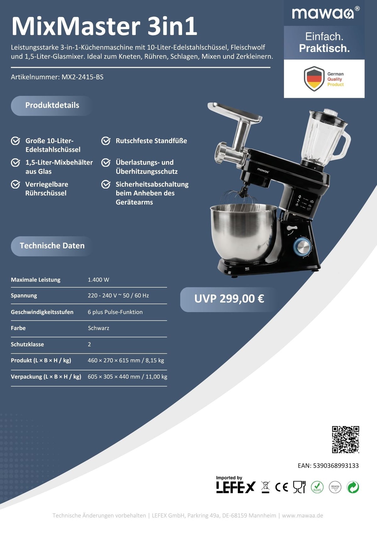 mawaa® MixMaster 3in1 Küchenmaschine MX2-2415-BS - 10-Liter-Edelstahlschüssel, 1400 Watt