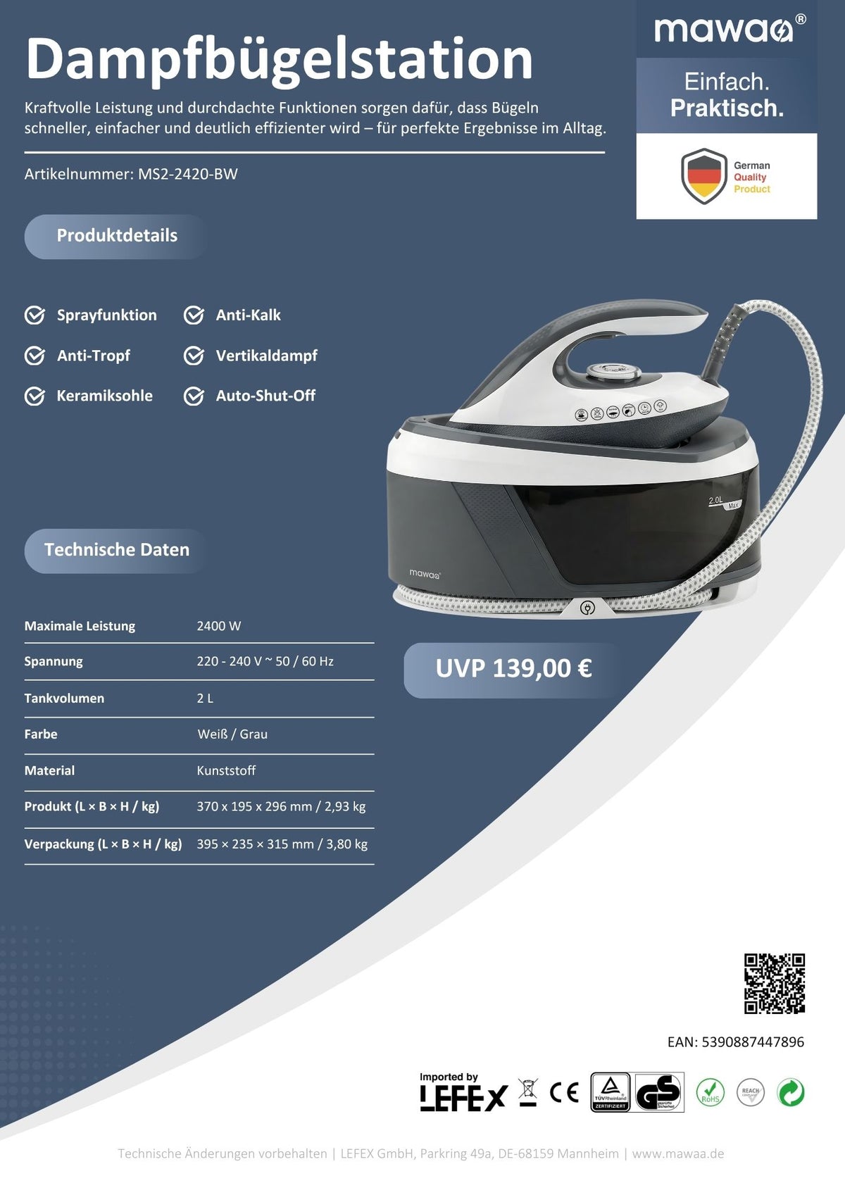 mawaa® Dampfbügelstation MS2-2420-BW - 2-Liter-Tank, 2400 Watt, Anti-Kalk