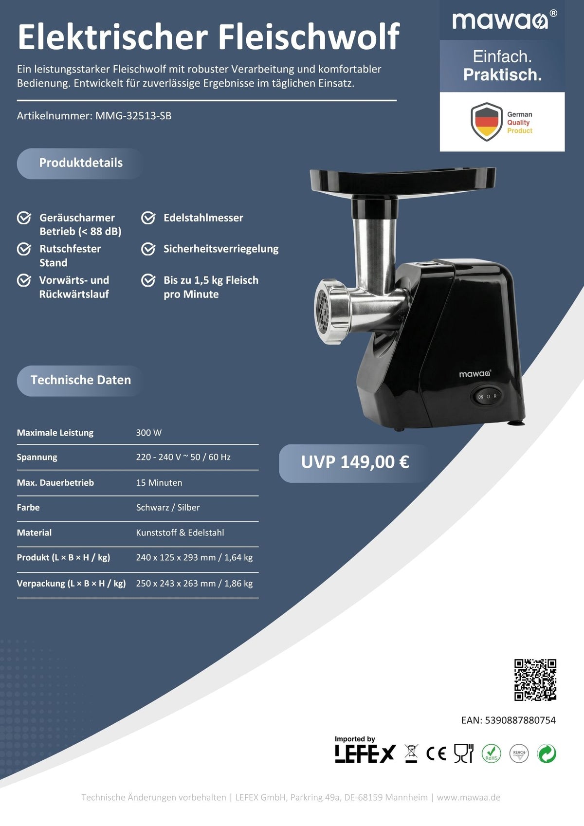 mawaa® Elektrischer Fleischwolf MMG-32513-SB mit Reverse-Funktion & Wurstaufsatz
