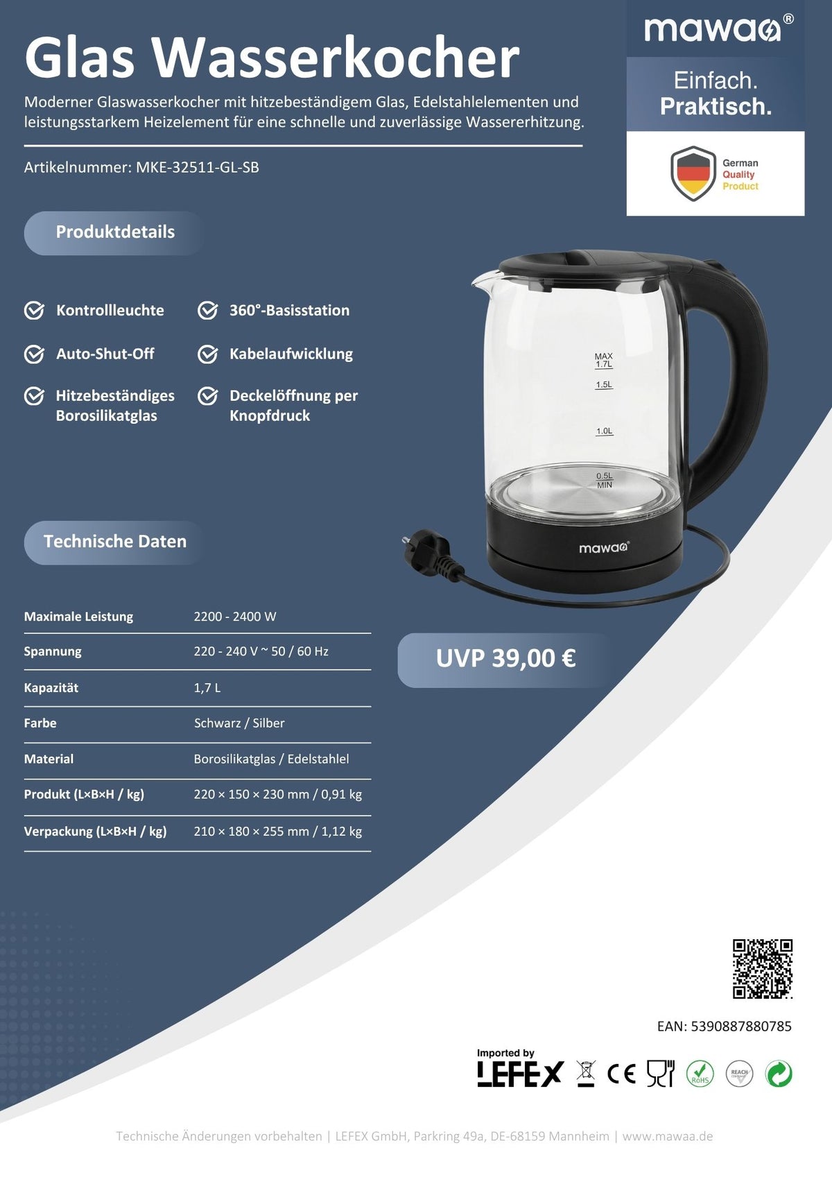 mawaa® Glas-Wasserkocher MKE-32511-GL-SB