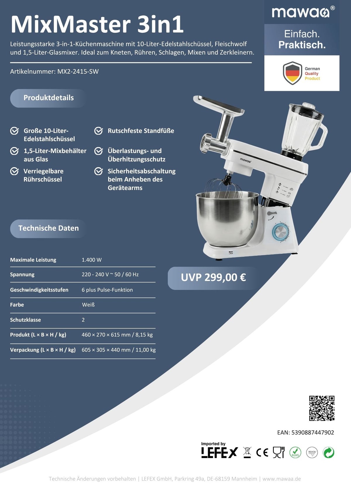 mawaa® MixMaster 3in1 Küchenmaschine MX2-2415-SW - 10-Liter-Edelstahlschüssel, 1400 Watt