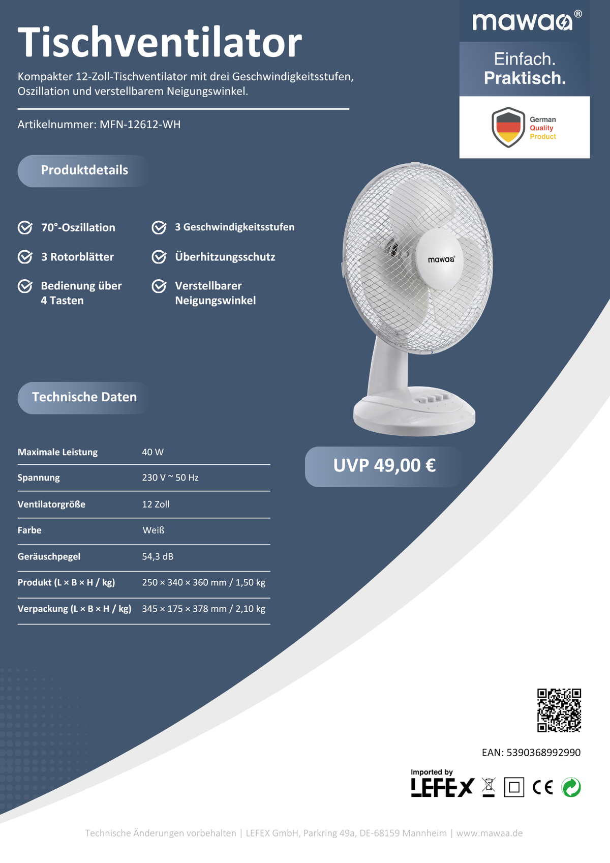 mawaa® Tischventilator MFN-12612-WH