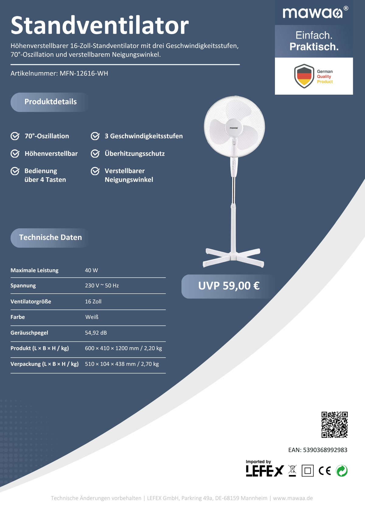 mawaa® Standventilator MFN-12616-WH