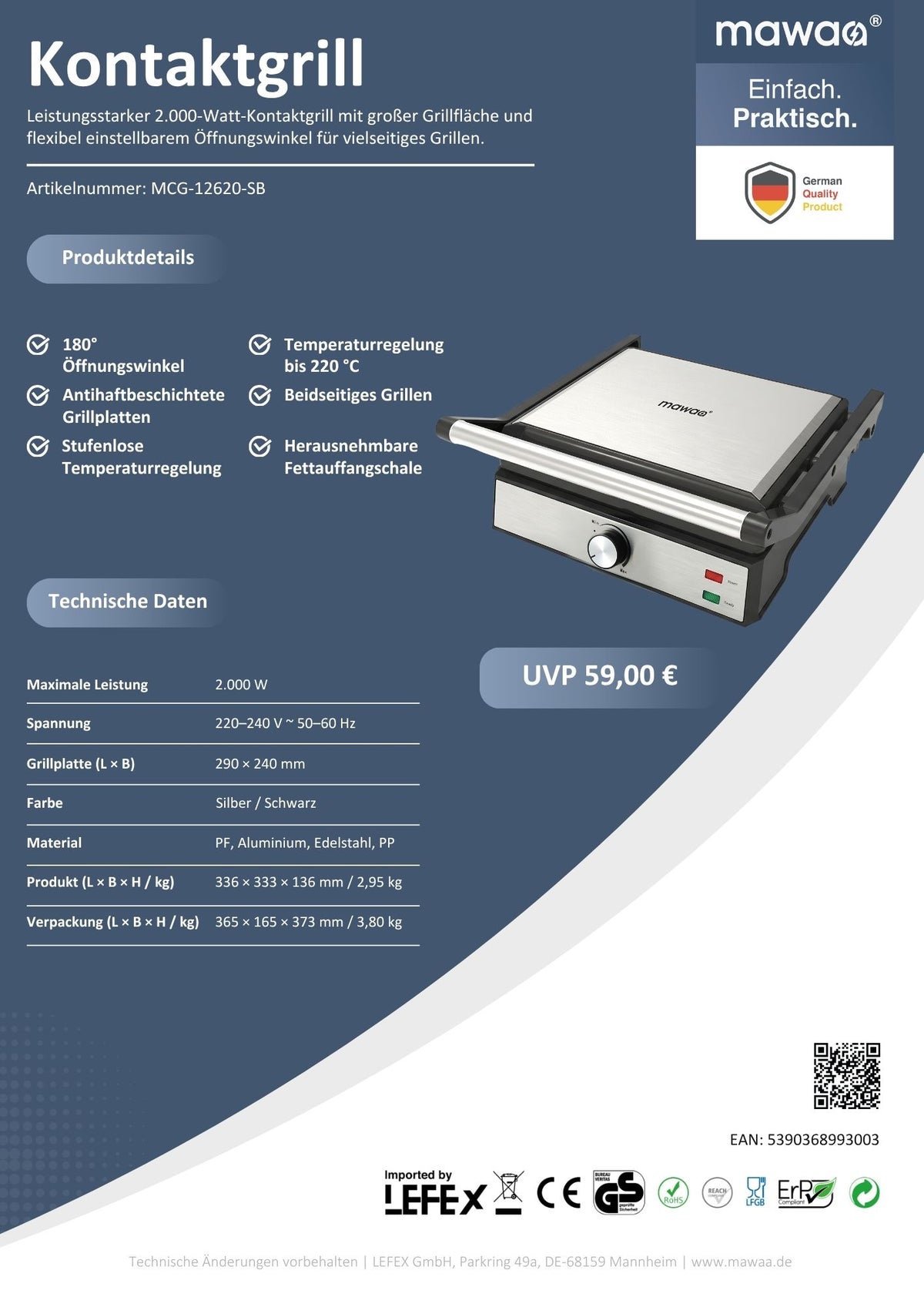 mawaa® Kontaktgrill MCG-12620-SB