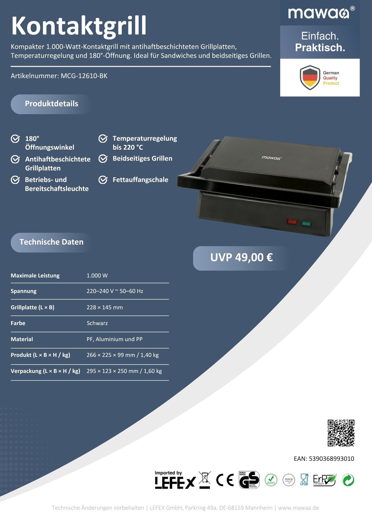 mawaa® Kontaktgrill MCG-12610-BK