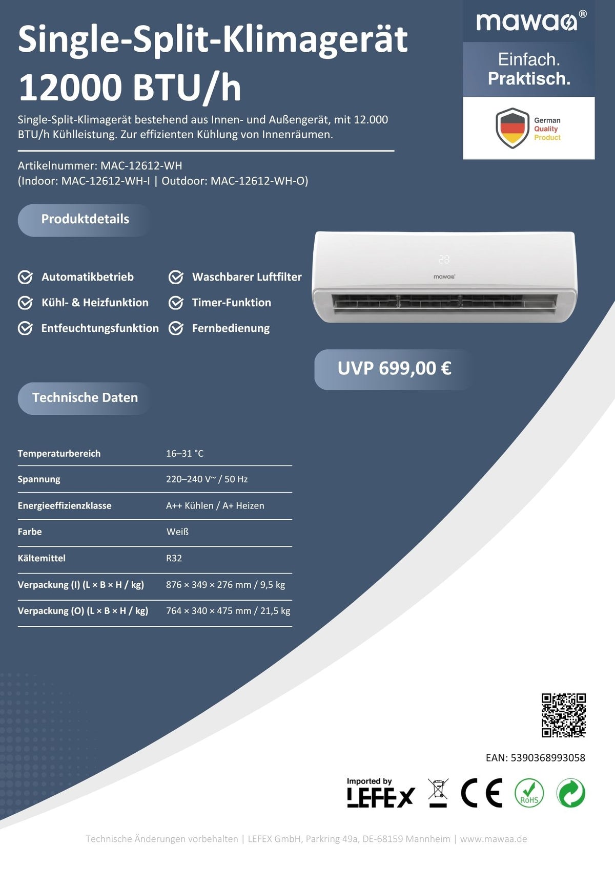 mawaa® Klimaanlage MAC-12612-WH