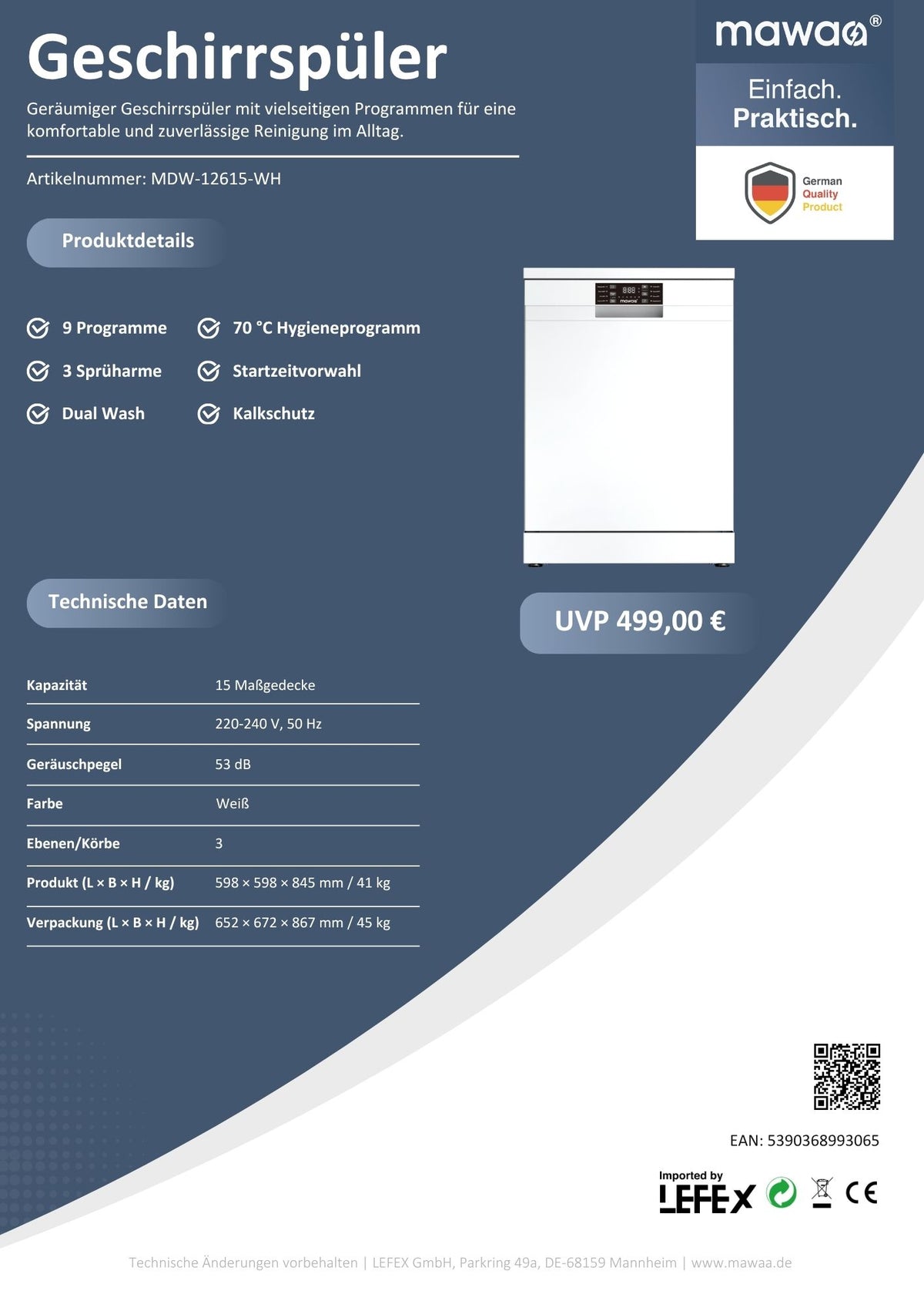mawaa® Geschirrspüler MDW-12615-WH