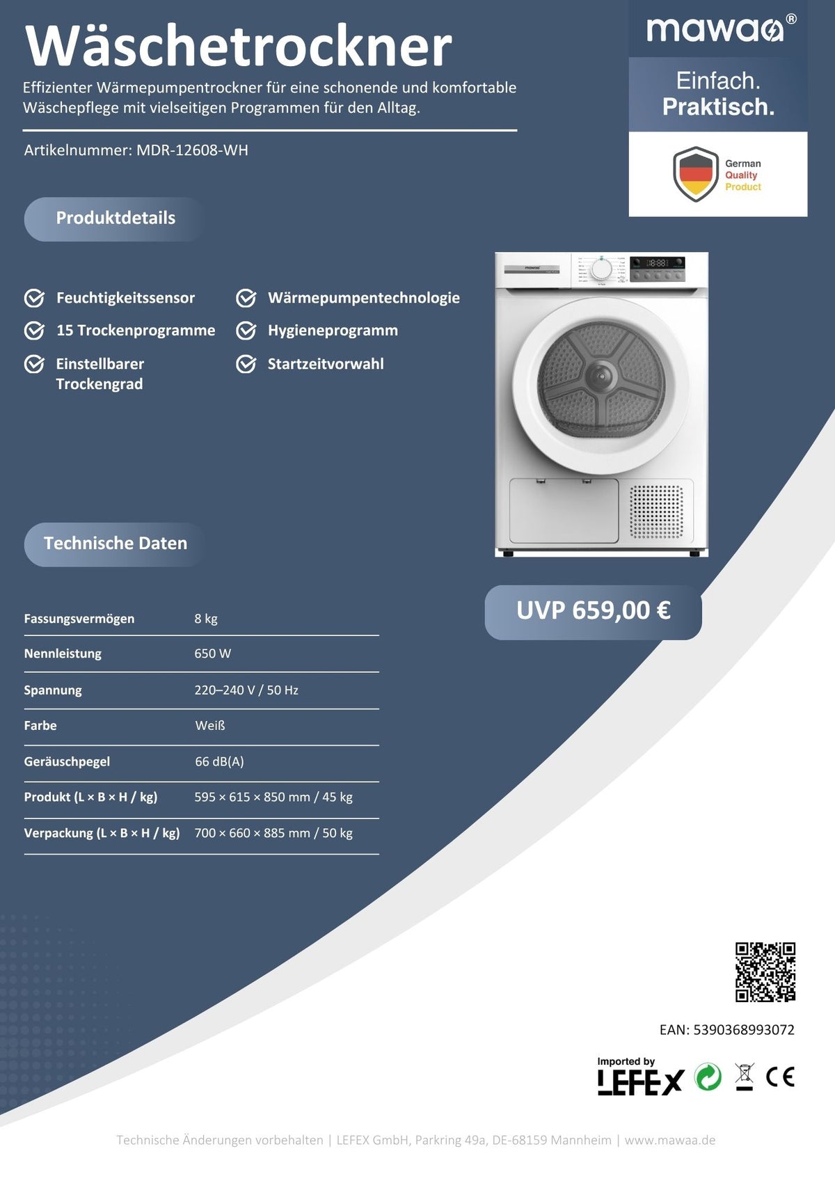 mawaa® Wäschetrockner MDR-12608-WH