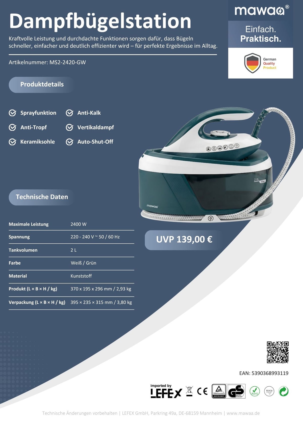 mawaa® Dampfbügelstation MS2-2420-GW - 2-Liter-Tank, 2400 Watt, Anti-Kalk