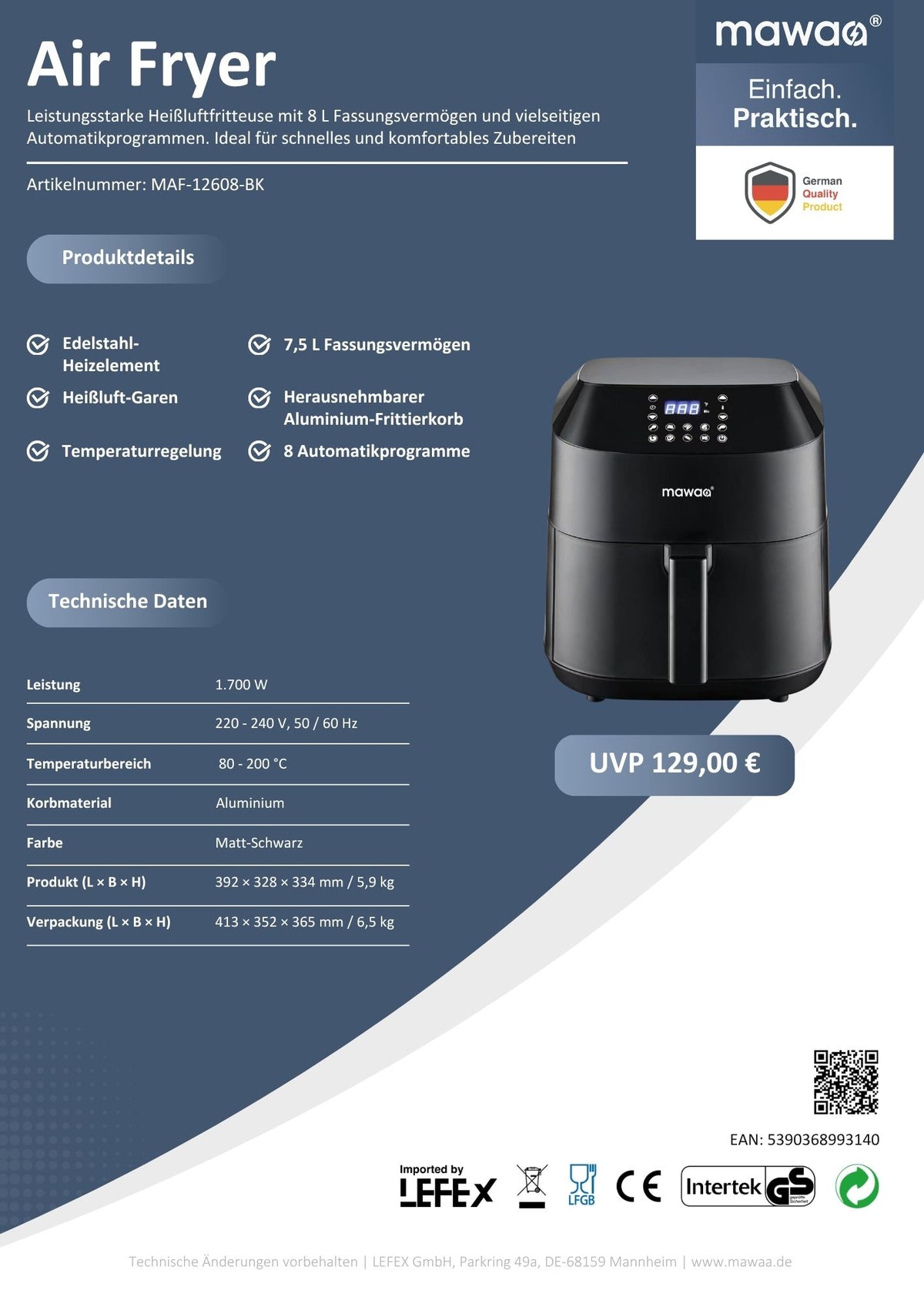 mawaa® Air Fryer MAF-12608-BK - 8-Liter-Volumen, 1700 Watt
