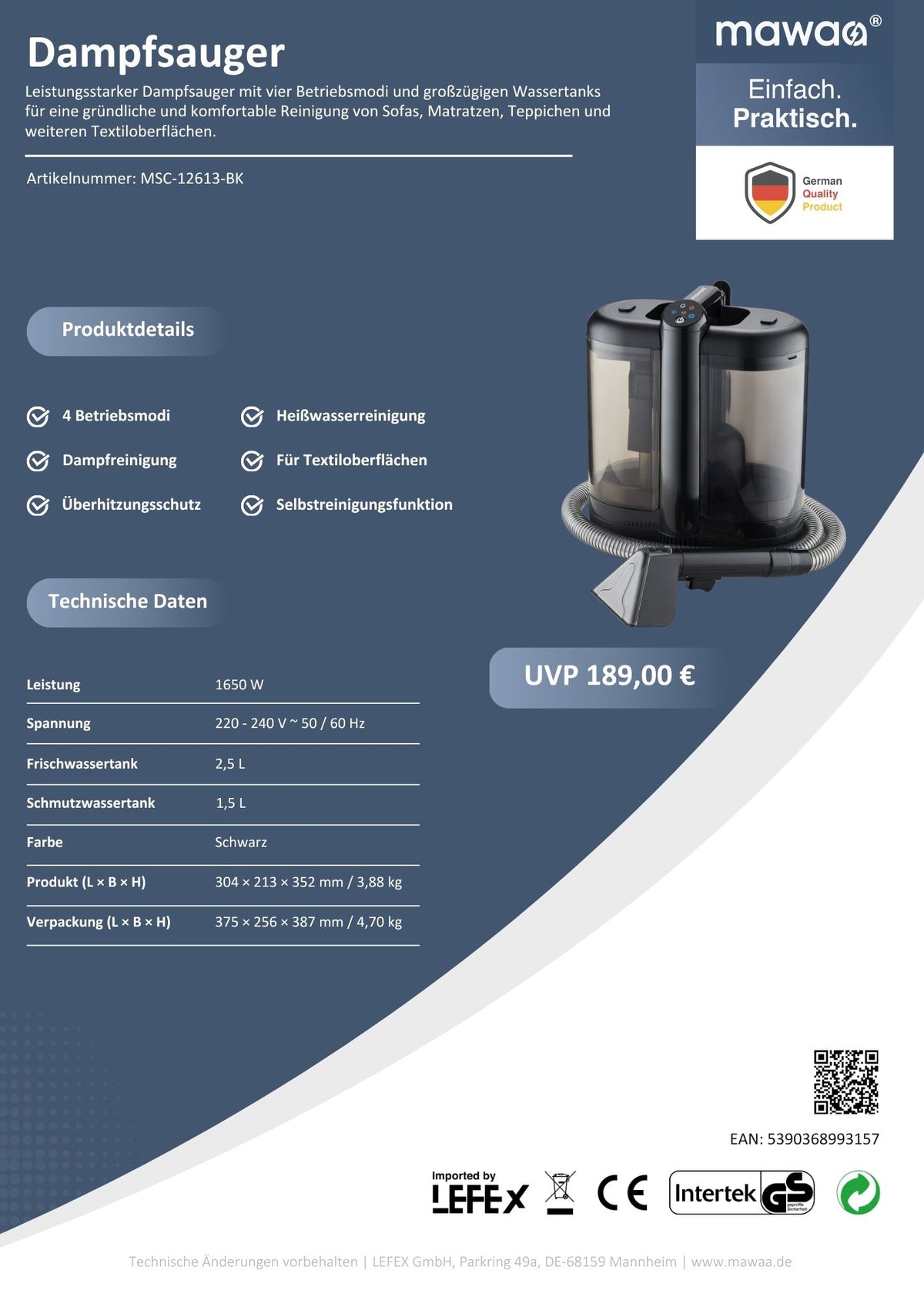 mawaa® Dampfsauger MSC-12613-BK - 13 kPa Saugleistung, 1650 Watt