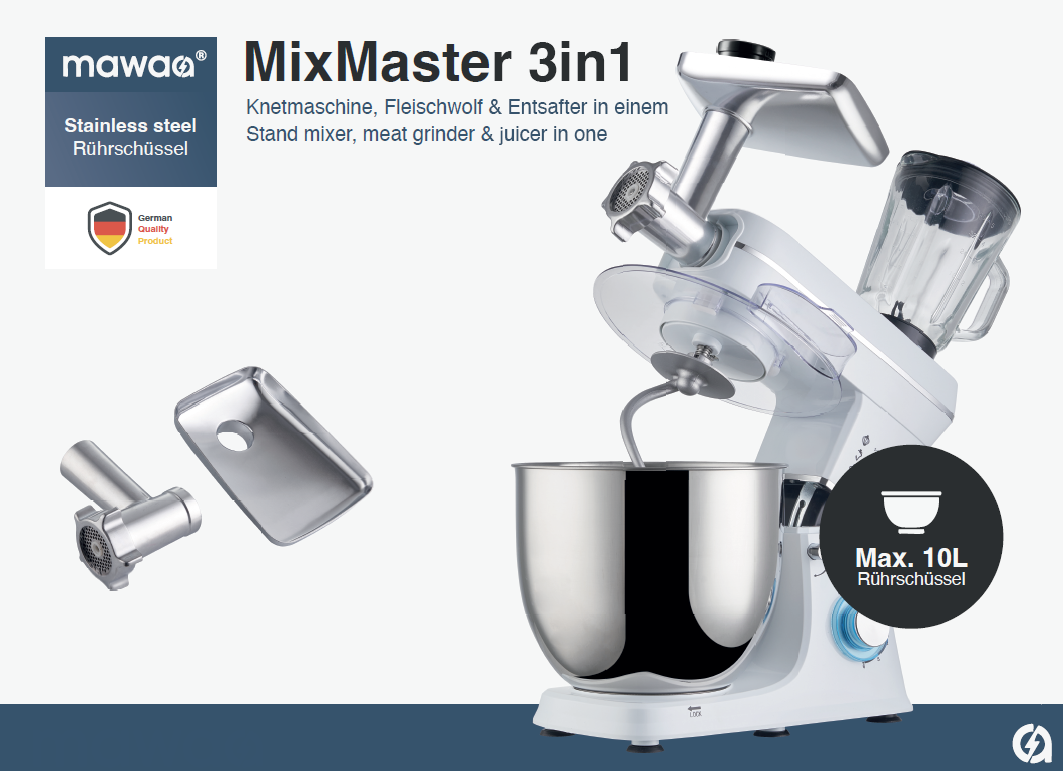 MixMaster 3in1 Küchenmaschine, 10-Liter-Edelstahlschüssel, 1400 Watt